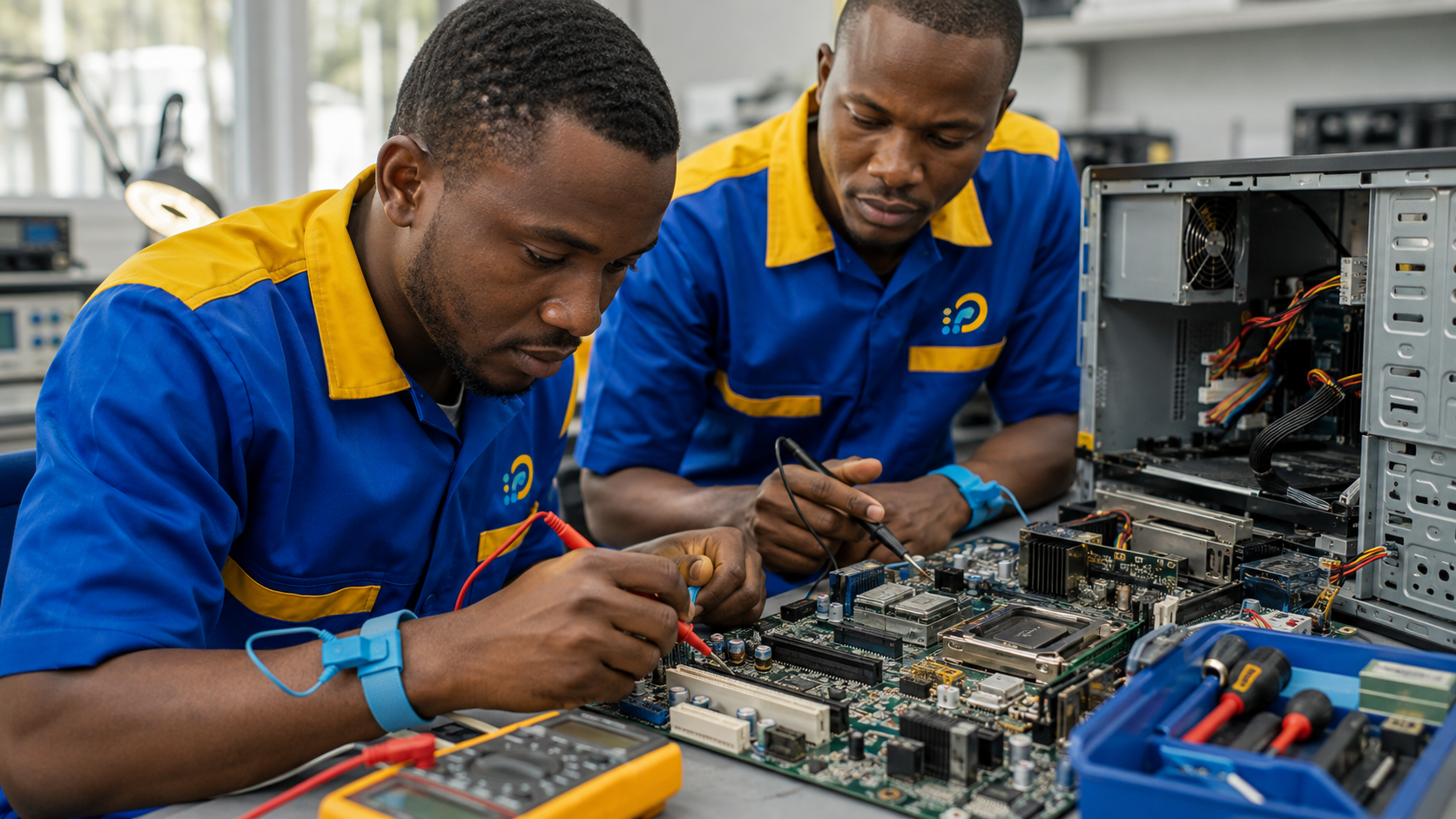 Techniciens ALIKA-KONNECT réparant des ordinateurs et circuits électroniques